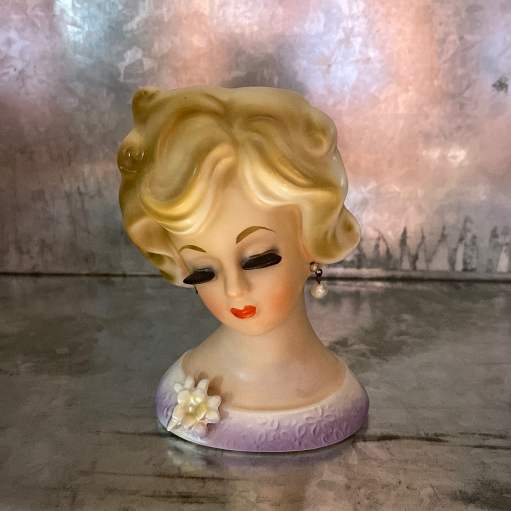 Vintage small Ladies Head Vase Blonde hair, lowered eyelids, purple blouse
